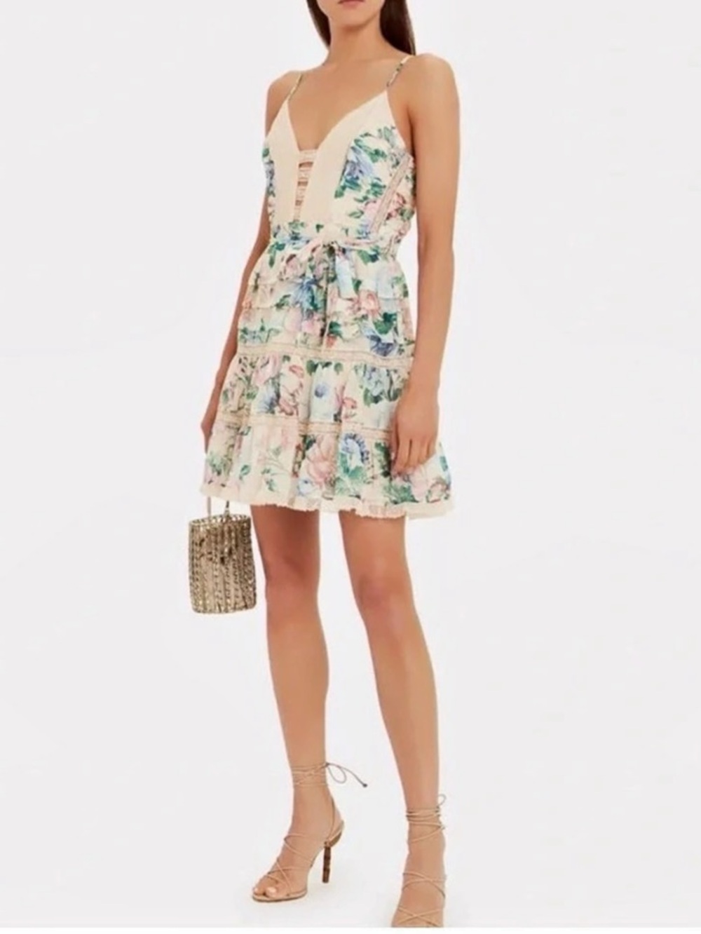 Floral Lace Trim Mini Dress in Cream & Pink Like New